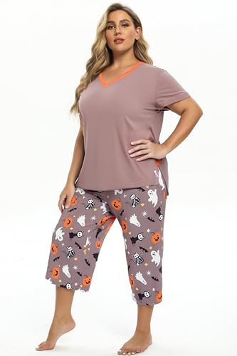 Image of Vozanet Women's Pajamas Set Soft V Neck Sleepwear Top and Capri Pj Lounge Sets Cartoon Heart Shape Cat Nighty Plus Size