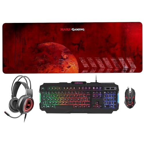 Mars Gaming - MARSGAMING MCPRGB2FR, Combo de Jeu Clavier + Souris + Mousepad XXL + Casque, FR, Noir