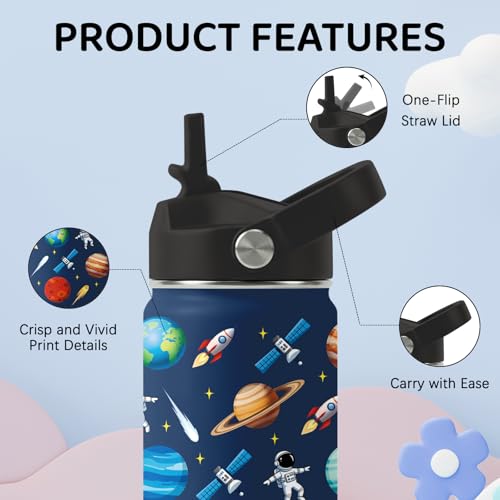 Image of Planet Water Bottle for Son & Daughter, Stainless Steel Insulated Tumbler with Straw Lid and Handle, 12oz Reusable Leak-Proof Bottle for Sports