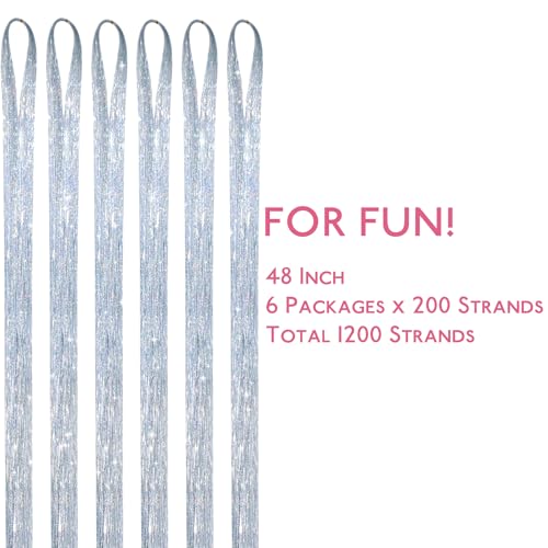 Image of WENNALIFE Hair Tinsel for Girls, Silver Fairy Kit 1200 Strands 6PCS 48 Inch Heat Resistant Glitter Tinsel Hair Extensions Kit Christmas Angel Feathers Hair Sparkle Strands