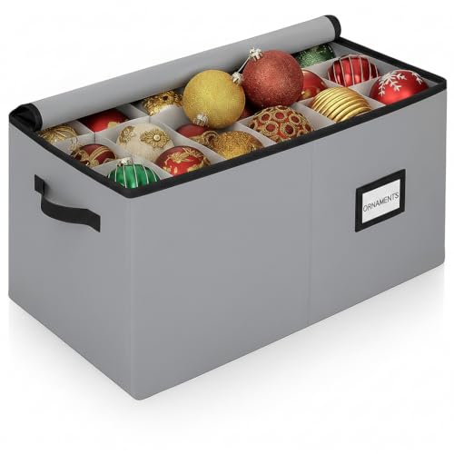 Christmas Ornament Storage Container with Dividers - Box Stores Up to 54 Ornaments, Zippered, Convenient, Adjustable, Large Organizer Bin to Protect Holiday Décor, Fits Most Standard Size, Grey