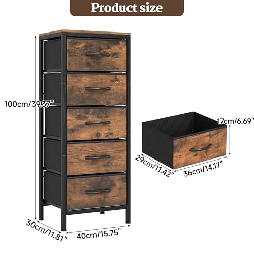 Mueble auxiliar marrón industrial con cinco cajones de tela y madera 3