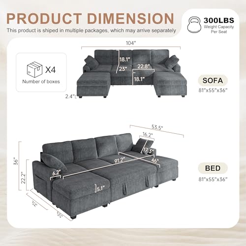 Image of Hanherry 104 inch Sectional Couch with Pull Out Sofa Bed,Corduroy Sleeper Sofa with Storage Ottoman & USB Charging,Comfy L Shaped Modular Couches for Living Room,Apartment