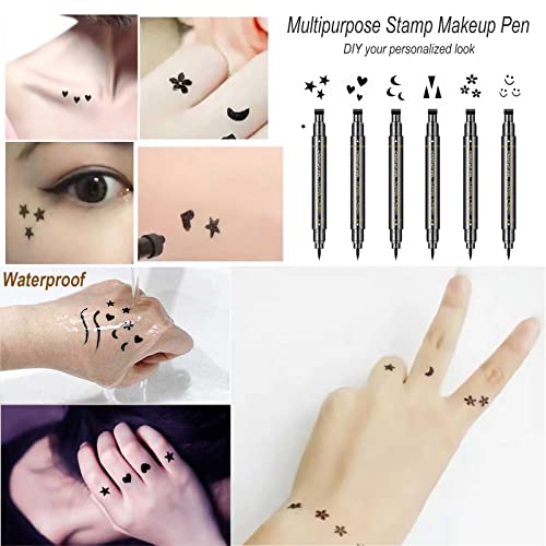 Sumeitang 6 Pcs Double-Headed Eyeliner Stamps Set Black Liquid Eye Liner Pen With Star,Moon,Heart,Flower,Smiley,Triangle Stamp Stencils Shapes For Women Makeup Kit Long-Lasting Waterproof Smudgeproof #TOP6