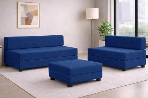 Image of Rosebell 3+2 Leg Sofa Cum Bed Set with Ottoman Foldable Modular Seating & Sleeper Space Saving Living Room Furniture Jute Fabric-Blue-Color