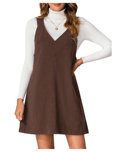 Milumia Women V Neck Corduroy Overall Dress 2025 Fall Mini Pinafore Jumper Dress Chocolate Brown Large