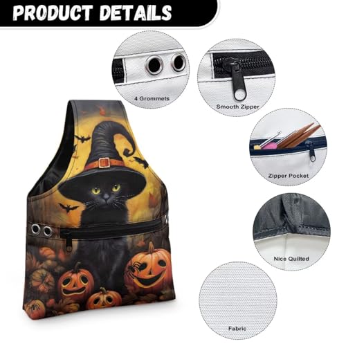 Image of KUIFORTI Pumpkin Knitting Yarn Bag Black Cat Crochet Bags for Women Knitting Needles, Yarns and Unfinshed Project, Crochet Hook Organizer Halloween Holiday Decoration