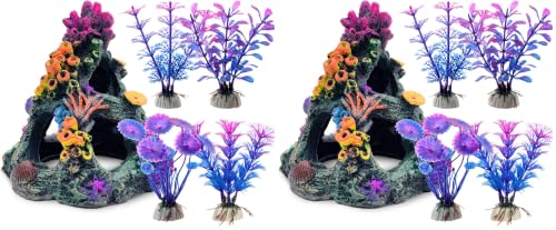 Image of GSD Aquarium Colorful Coral Reef Set Fish Tank Decoration Mountain Ornament for Aquarium Environments Decor Accessories, Coral Mountain x 1, Aquatic Plant x 4 (Pack of 2)