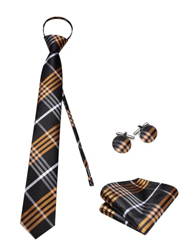 Image of Hi-Tie Zipper Ties for Men Pre-tied Tie Set Lapel Pin Pocket Square and Cufflinks Formal Business Wedding Adjustable Necktie