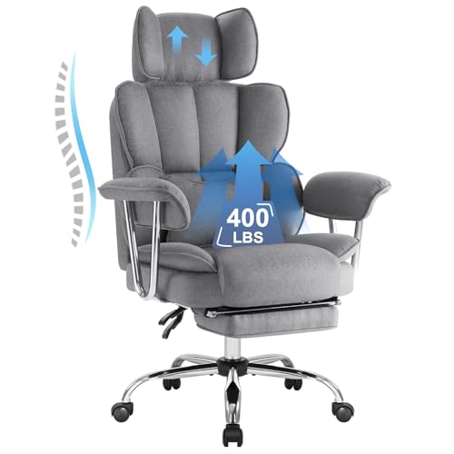 IWMH Chaise de Bureau Ergonomique avec Repose-Pieds et Soutien Lombaire, Chaise Bureau à Hauteur Réglable, Fauteuil de Bureau Dossier Haut, Coton et Lin,...
