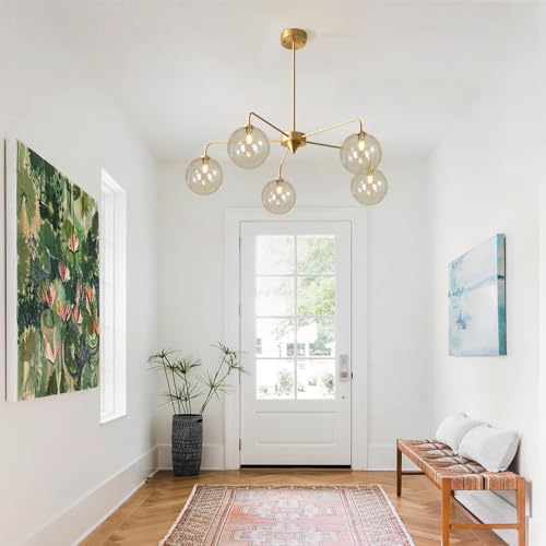 Image of Mid Century Modern Sputnik Chandelier Brass Gold Chandelier Cognac Clear Glass Globe Sputnik Chandelier for Kitchen Dining Room Bedroom
