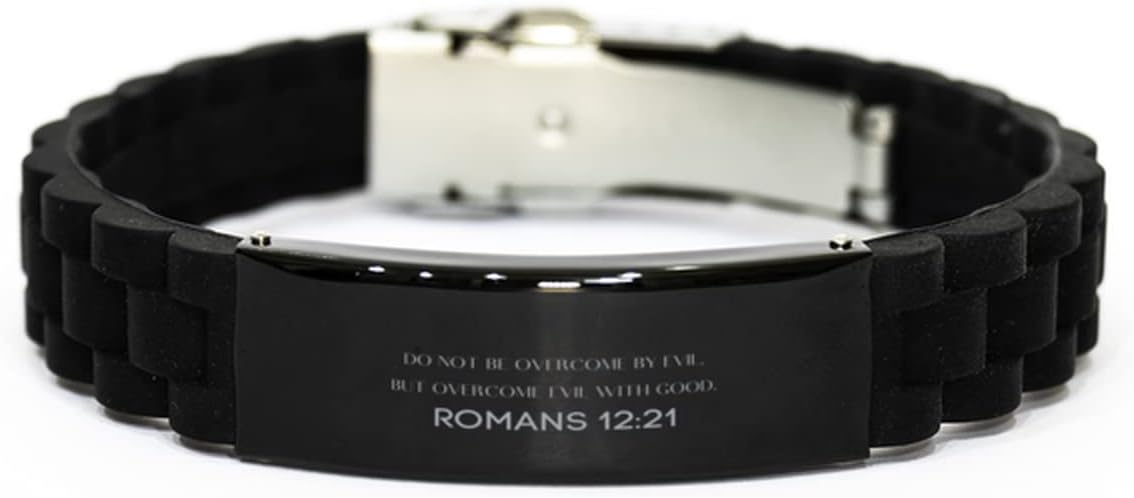 Generic Romans 12:21 Christian Glidelock Bracelet, Inspirational Message Prayer Romans 12:21 Religious Bracelet for Women Men, Black, Modern, Adjustable, Engraved, Overcome Evil with Good