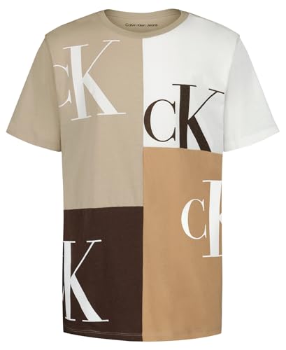 Calvin Klein Boys' Short Sleeve Fashion Print Crew Neck T-Shirt, Comfortable, Relaxed Fit, Block Party Island Fossil, 8