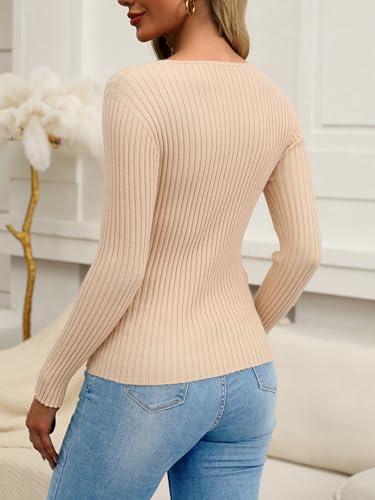 Image of ELLEVEN Women's Square Neck Long Sleeve Shirts-Ribbed Knit Sweater Slim Fitted Elegant Fall Casual Basic Tee Tops