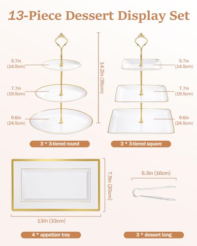 Lzerking 13pcs Dessert Table Display Set, 6 3-Tiered Cupcake Stands (3round & 3square) with 4 Trays & 3 Tongs, White Gold Plastic for Wedding, Tea Party, Baby Shower Decor, Birthday Party Decoration - Image 4