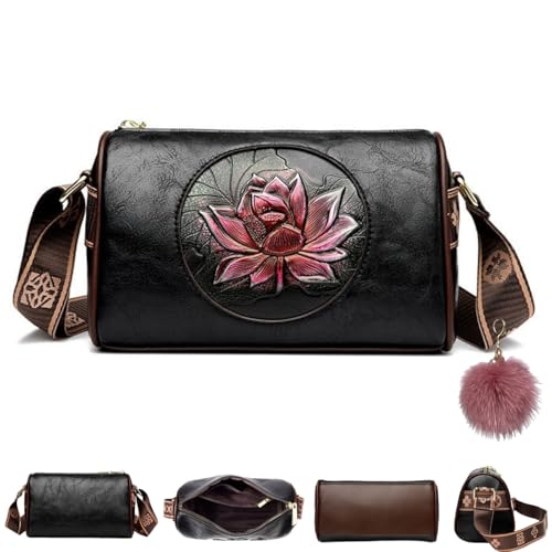 Women Vintage Lotus Crossbody Bag,Ethnic Style Printed Shoulder Bag,Versatile Lotus Floral Purse With Adjustable Strap