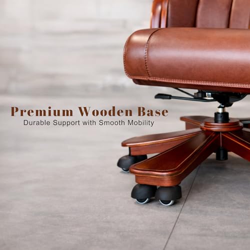 Image of Lakdi The Furniture High-Back Pure Leather Office Chair with Handcrafted Royal Look and Teak Wood Structure & Height Adjustable and Wooden Base Revolving Chair Office Work - 111011351 PL