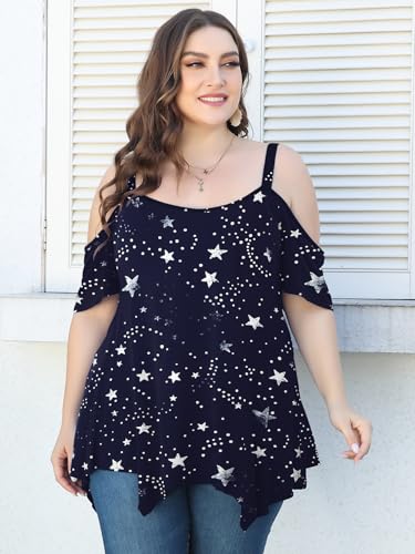 Image of LARACE Cold Shoulder Tops for Womens Summer Clothes Spaghetti Strape Tunic Oversized Shirts Asymmetrical Plus Size Blouse