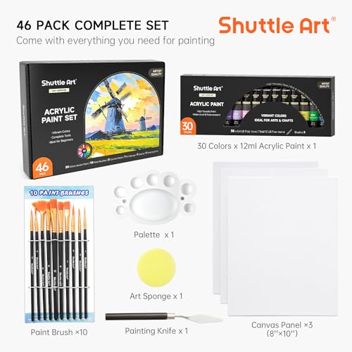 Shuttle Art 46 Pack Acrylic Paints Set, 30 Colours Acrylic Paint with 10 Brushes, 3 Blank Canvas,1 Palette, 1 Sponge, Complete Craft Paint for Canvas Wood Ceramic, Art Paints for Beginners Adults