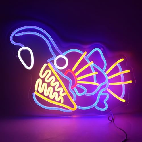 Image of Anglerfish Fishing Neon Sign, LED Neon Light Up Sign for Wall Decor, Angler Fish Gifts for Fisher, Game,Garage, Man Cave, Bar, Fishing Theme Wall Decoration
