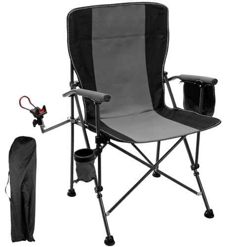 Foldable Fishing Chair with 360 Rod Holder 19.7 x 19.7 x 35.4 in Portable High Back Camping Seat with Storage Pouch & Cup Holder Gray Stable Comfortable Outdoor Chair for Beach Fishing Camping