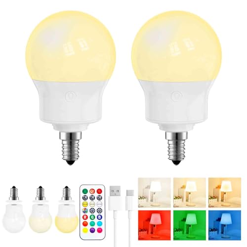 Bombilla LED Recargable E14 con Mando a Distancia, Regulable, Magnética, con Batería, 3 Temperaturas de Color + 9 Colores RGB, 480LM, 3 Timers, para Lámparas sin Corriente, Camping y Emergencia 2 Pack