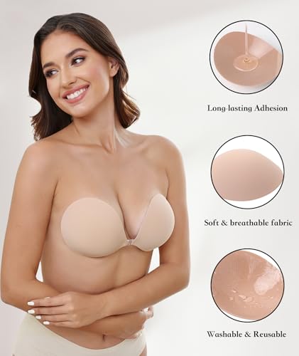 Image of MITALOO Sticky Bra Slicone Adhesive Bra Seamless Push Up Invisible Strapless Backless Covers for Women Dark Nude