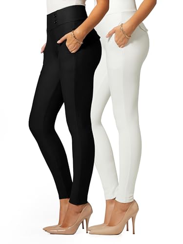 Conceited 2-Pack Stretch Slacks for Women - Wear to Work - Slim Leg Dress Pants with Pockets - White, Black - (Small)