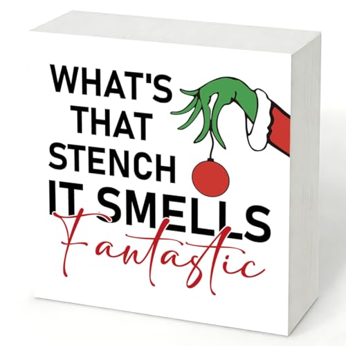 Whats That Stench Sign Christmas Bathroom Wooden Box Sign Farmhouse Home Decor Bathroom Christmas Decor for Shelf Funny Toilet Signs Farmhouse Rustic Tiered Tray Decorations