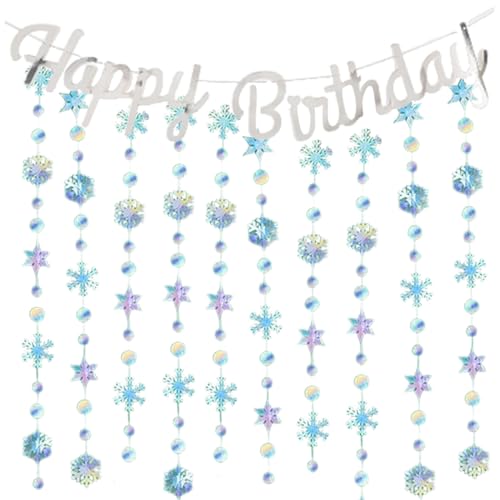 DEFGNOP 2 Grinaldas de feliz aniversário com flocos de neve, grinalda de aniversário, decoração de aniversário feliz, faixa de feliz aniversário, decoração de flocos de neve