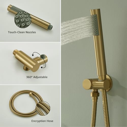 Image of Iriber Brushed Gold Shower System Wall Mounted Shower Faucet Mixer Set with 10 Inches Rain Shower head and Handheld, Bathroom Shower Trim Kit Contain Pressure Balance Valve Cartridge