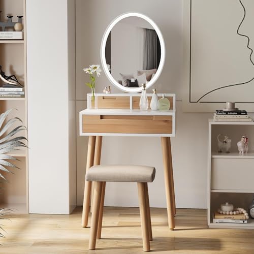 YU YUSING Coiffeuse avec Miroir LED 3 Couleurs avec 1 Tabouret, Table de Maquillage avec 3 Tiroirs, Luminosité Réglable, 60cm Table Cosmétique pour Petit...