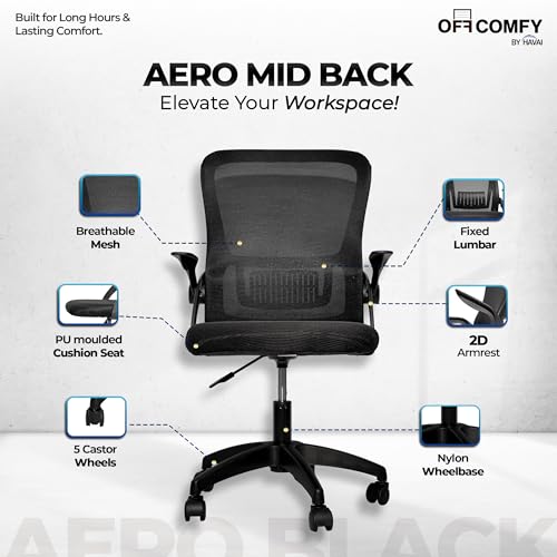 Image of HAVAI Aero Ergonomic Office Chair with Reclining & Folding Back | Net Cloth Fabric | 60D Recycled Foam + 24D Virgin Cotton | Class 2 Gas Lift | Nylon Base & Wheels (Black)