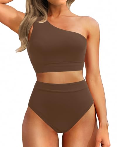 Image of Holipick Women One Shoulder High Waisted Bikini Sets Two Piece Swimsuit Tummy Control Bathing Suit Full Coverage Swimwear