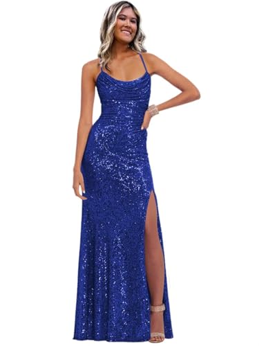 Image of Stylefun Women's Halter Mermaid Prom Dresses with Slit Long Sequin Formal Cocktail Party Dress STN027