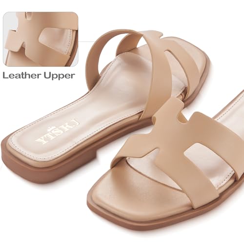 Image of Sandals for Women Dressy Comfortable Flat Open Toe Casual Wide Width Cute Trendy Shoes Soft Leather Slip On Ladies Slides for Summer 2026 Nude Size 9