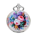 Tiong Steel Shell Colored Porcelain Flower Pattern Design Mechanical Pocket Watch, Men's Mechanical Movement Roman Numeral Dial Single Opening Pocket Watch