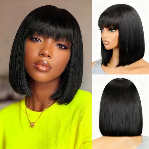 Perruque cheveux humain avec frange courte et lisse coupe carré Bob brésilien 10 pouces