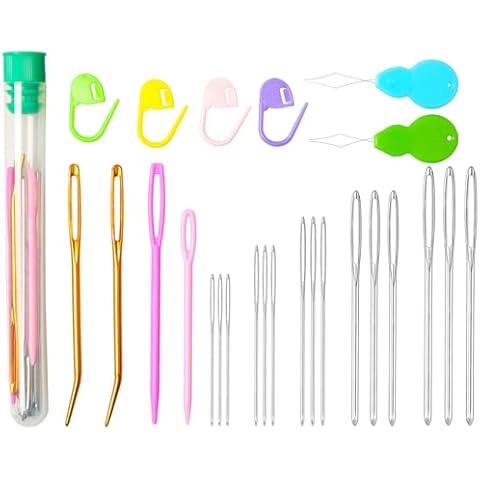 Hekisn 25Pcs Large Eye Blunt Yarn Needles kit, Assorted Sizes Bent Tapestry Darning Needle, Sewing Needles with Needle Threaders & Stitch Markers for Knitting Crochet (Green) Cover
