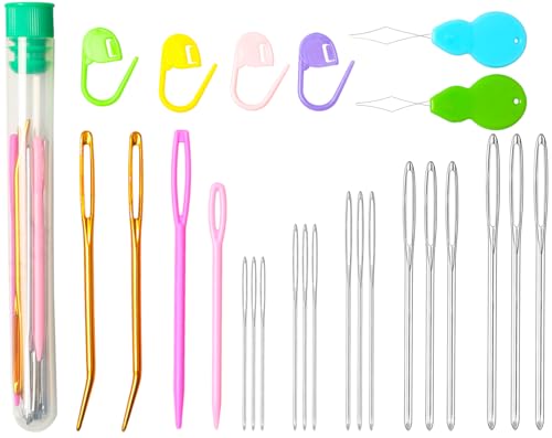 Hekisn 25Pcs Large Eye Blunt Yarn Needles kit, Assorted Sizes Bent Tapestry Darning Needle, Sewing Needles with Needle Threaders & Stitch Markers for Knitting Crochet (Green)