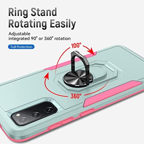 BinBoom for Samsung Galaxy S20 FE Case with 9H Tempered Glass Screen Protector and Lens Protector, Shockproof Military Grade Case Built-in Ring Stand, Support Magnetic Car Mount for S20FE (Green Pink)