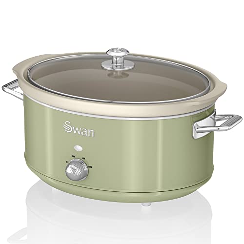 Swan Retro SF17031GNEU Slow Cooker 6,5L Abnehmbarer Kochbehälter, PFOA- und PTFE-freier Keramischer Antihaft-Behälter, 3 Temperaturstufen, Glasdeckel, Vintage-Design, Grün, 320W