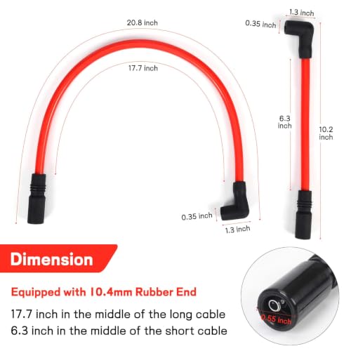 Image of 10.4mm Spark Plug Wires for Harley Dyna 00-17 Softail 99-17, Red | For Super Glide /Wide Glide /Low Rider & Springer /Slim /Deluxe /Deuce, Heat & Wear Resistant, Copper Core, Silicone Casing