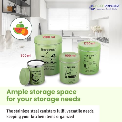 Image of inchChromaJars inch Stainless steel Stylish Coloured printed storage containers set of 4 for Home & Kitchen 500Ml, 900ML,1750 Ml & 2900 Ml (GREEN)