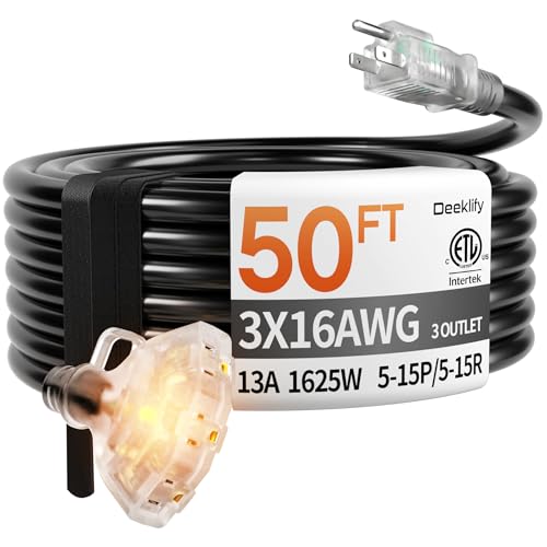 Deeklify 50 ft 16/3 awg 3 Outlet Extension Cord Splitter with Indicator, Waterproof Outdoor Extension Cord with Multiple Outlets, 13A 1625W for Home & Workshop, ETL Listed, Black SJTW