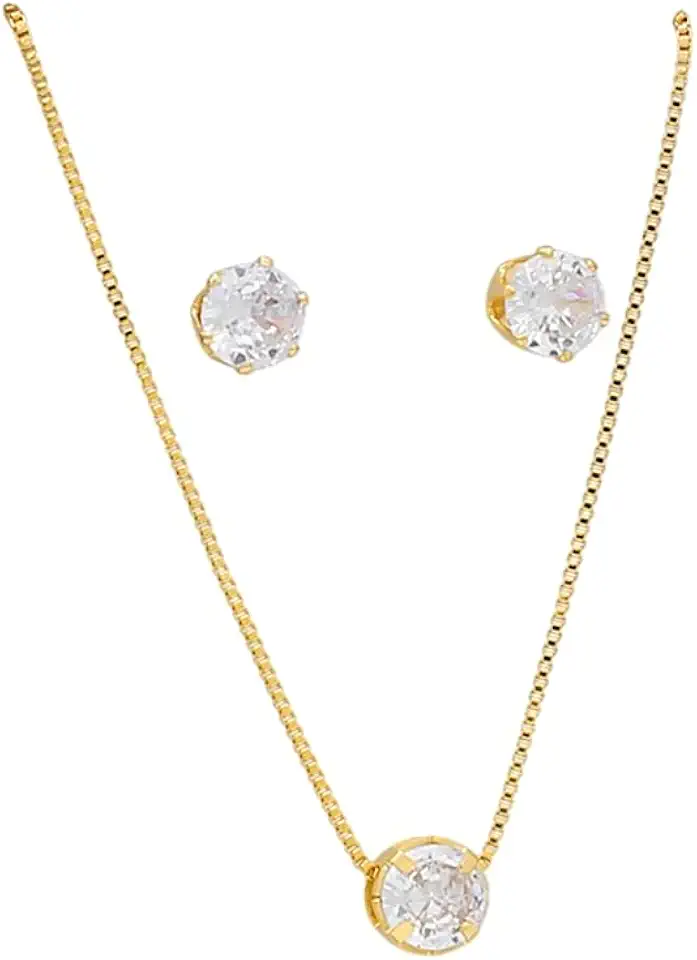 Kit Conjunto Ponto de Luz com Zircônias - Colar e Brinco Folheado a Ouro 18k, Hipoalergênico, Luxuoso e Elegante - Acessório Feminino