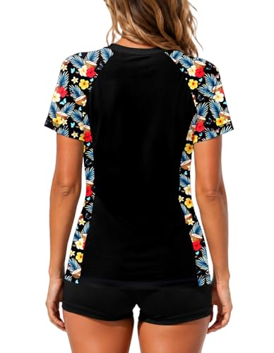 Image of AOBUTE Women Short Sleeve Rash Guard UPF 50+ Tropical Sun Protection Floral Swim Shirts