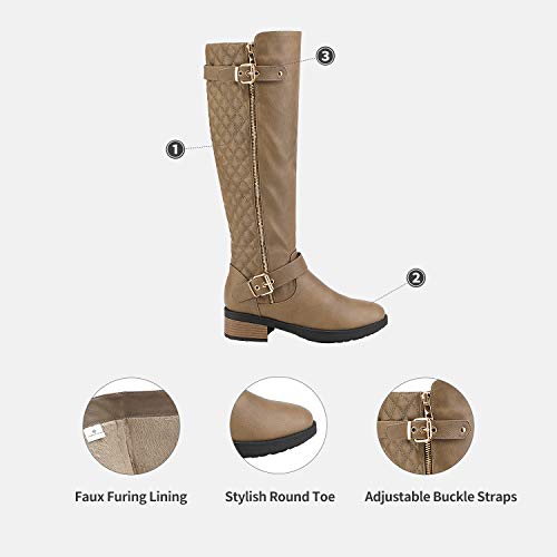 DREAM PAIRS Women's Knee High Boots Wide Calf Low Heel Riding Boots Fall Tall Boots for Women,Size 12,Khaki,UTAH-W