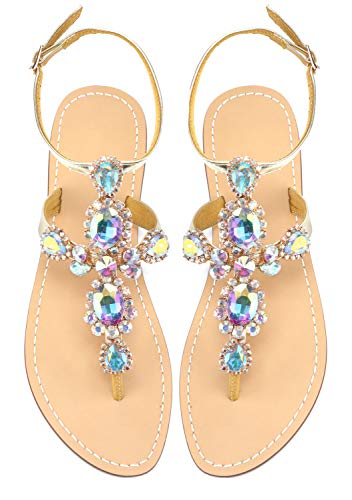 Image of ZhuLinFeng Women'S Rhinestone Gladiator Sandals Flat Wedding Sandals Gem Pearl Sparkling Bridal Bridesmaid Sandals Blue Bohemian Sandals