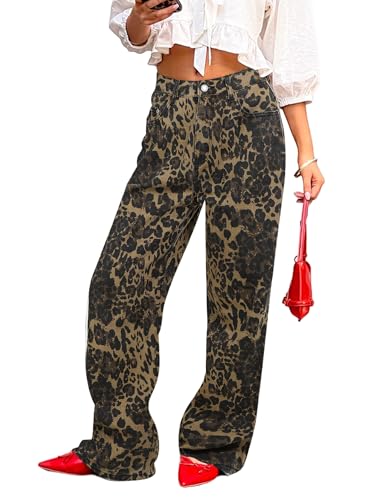 Womens Straight Leg Jeans, Leopard Print Cheetah Jeans for Women Trendy Baggy Wide Leg Loose Fit Y2K Denim Pants